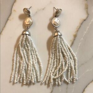 White Beaded Tassel Drop Earrings Elegant Women's Jewelry
